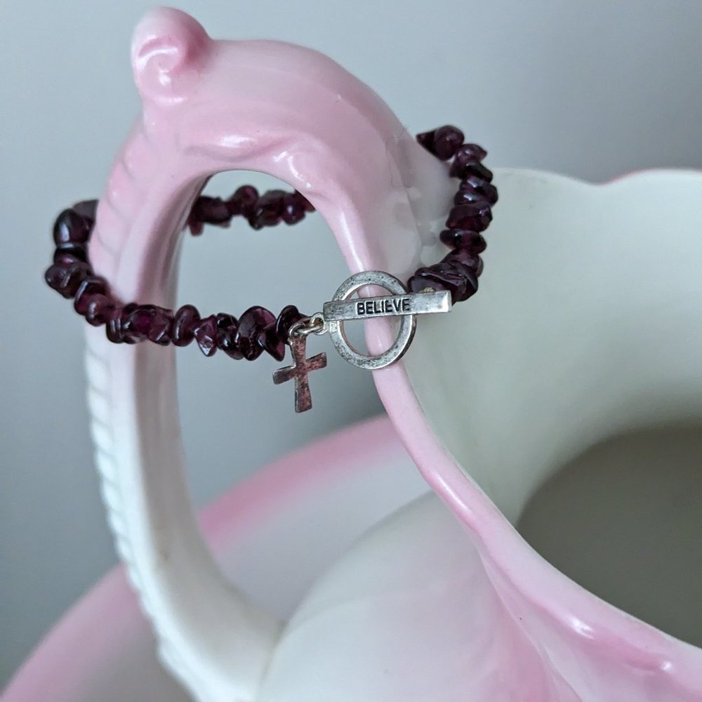 Genuine Natural Garnet Bracelet with Sterling Silver Closure, Cross and Believe